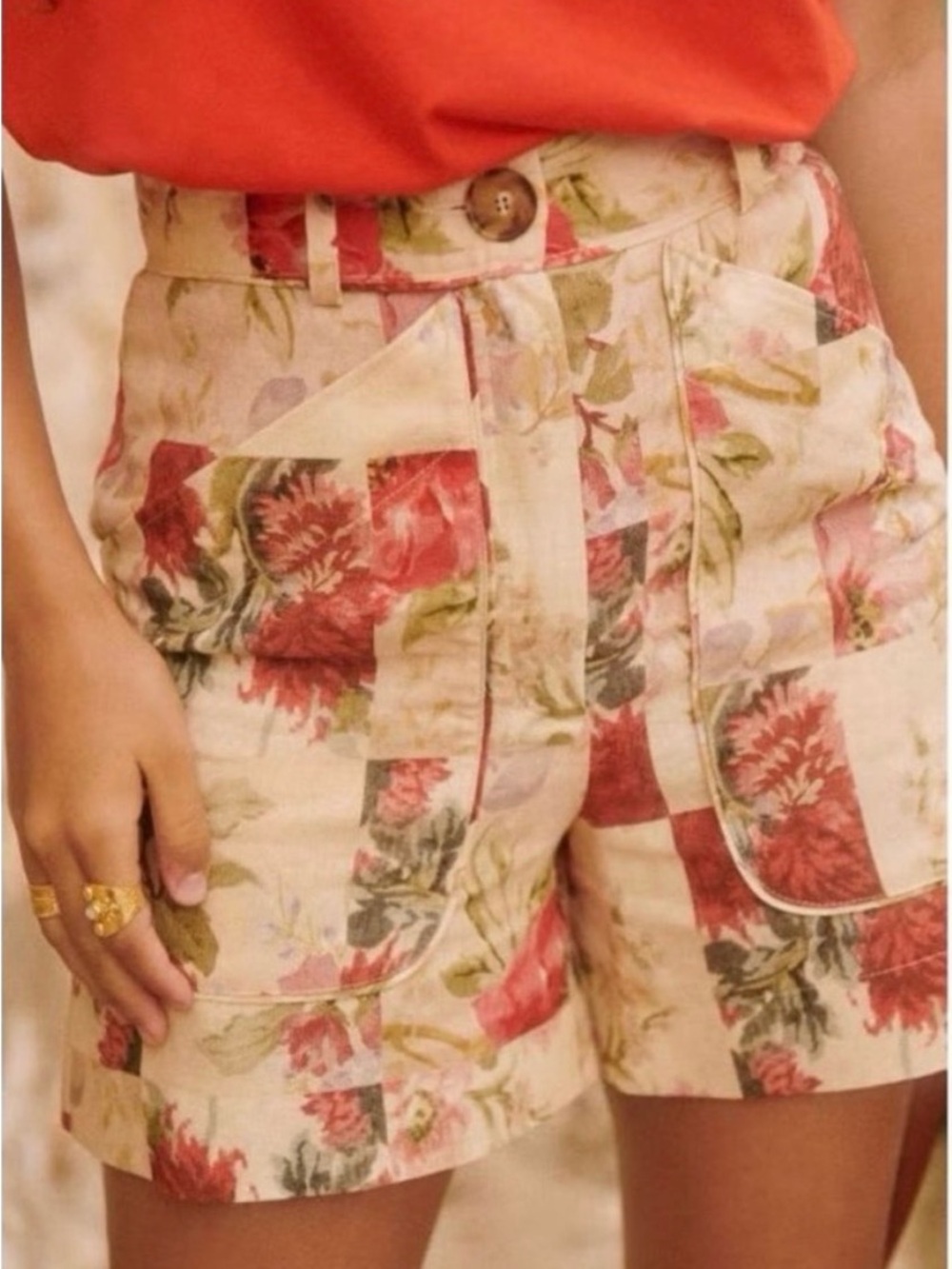Sezane Short Alberello- Floral Patchwork High-Rise Shorts -